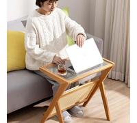 BambooSideTableTemperedGlassEndTableNightstandFoldingwithRattanMagazineShelfZShapedSmallBedsideTablecoffeeperLivingRoomandBedroomBlack45cm/17.7"