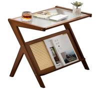 BambooSideTableTemperedGlassEndTableNightstandFoldingwithRattanMagazineShelfZShapedSmallBedsideTablecoffeeperLivingRoomandBedroomBrown55cm/55cm