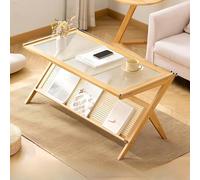BambooSideTableTemperedGlassEndTableNightstandFoldingwithRattanMagazineShelfZShapedSmallBedsideTablecoffeeperLivingRoomandBedroomWood100cm/39.9"