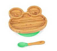 bambuswald© Set di Stoviglie per Neonati e Bambini, Stoviglie per Bambini, Cucchiaio, Piatto, Ciotola, Sostenibile ed Ecologico, Set di Stoviglie per Colazione, Piatti con Ventosa, Rana Verde