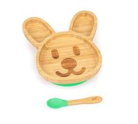 bambuswald© Set di Stoviglie per Neonati e Bambini, Stoviglie per Bambini, Cucchiaio, Piatto, Ciotola, Sostenibile ed Ecologico, Set di Stoviglie per Colazione, Piatti con Ventosa, Coniglietto Verde