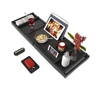 Bamfan Vassoio portaoggetti per vasca da bagno, in bambù, regolabile, con portasapone, adatto per spa di lusso o lettura, marrone, nero