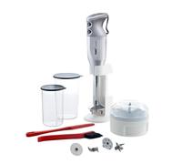 bamix M350 MAXX - Set frullatore a immersione con supporto, 2 bicchieri, 4 attrezzi, processore, spatola, spazzola per la pulizia, 300 Watt, prodotto in Svizzera, bianco/grigio chiaro
