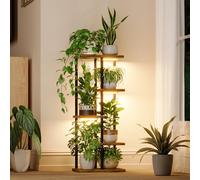 Bamworld Mensola per piante con luce crescente per piante da interno, angolo a 5 livelli, supporto per piante in metallo, supporto per fiori in legno per casa, soggiorno, decorazione patio