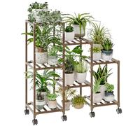 Bamworld Supporto per piante con ruote per piante da interno, in legno, per esterni, 3 pneumatici, 7 scalette in vaso, supporto per piante, da tavolo, per finestra, giardino, balcone, patio, soggiorno