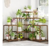 Bamworld Supporto per piante per interni ed esterni, mensola angolare a 5 ripiani, 11 ripiani in vaso per fiori in legno, supporto per piante da giardino, per soggiorno, angolo e finestre da prato