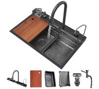 BanBe Lavello a Cascata Intelligence Lavello da Cucina a Vasca Singola Lavello da Cucina per postazione di Lavoro in Acciaio Inossidabile con Rubinetto Estraibile, lavatazze (Nero 75x46x23 cm)