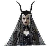 Banca della testa del diavolo Horns, fascia per capelli a corni di capra gotica nera con fiore artificiale, perline per goccia d'acqua e mesh a pois per i costumi di Halloween cosplay poppati, demone