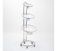 Bancarella espositiva in metallo cromato con tripla mezza sfera 30-40-50 cm, altezza regolabile, base a 5 ruote