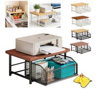 Banco da cucina a 2 ripiani con cassetto e cestello in filo metallico, salvaspazio, in legno massiccio, per microonde, caffettiera, tostapane e altro (nero/marrone)