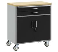 Banco da Lavoro con Cassetti Nero e Grigio, Legno e Acciaio, 75x45x85 cm, con Ruote per Carrello da Officina, Cassetta degli Attrezzi, Officina e Garage, Pratico Conservazione e Ordine