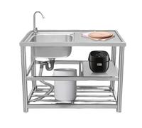 Banco da lavoro con lavello multiuso in acciaio inox, mobiletto lavello multiuso a 3 livelli con rubinetto per acqua calda e fredda, tubo a S antiodore(Left,80cm/31.5in)