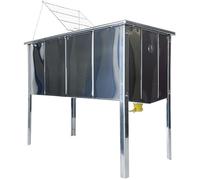 Banco in acciaio inox AISI 304 per disopercolare - 104×51×42 cm, fondo inclinato con scarico, filtro decantazione, rubinetto Ø 40 mm, gambe smontabili regolabili - attrezzatura per apicoltura