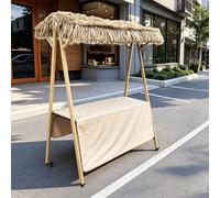Banco per Mercato, Stand Mobile con Ruote Bloccabili e Tettoia Rustica in Paglia, Ideale per Mercati Contadini, Festival, Feste ed Eventi Temporanei(130cm)