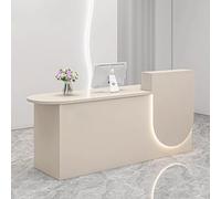 Banco per ricevimenti da salone moderno beige con contenitore elegante bancone anteriore da 1,4 m, tavolo da ricevimento con illuminazione soffusa per piccole imprese design elegante