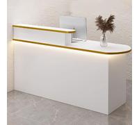 Banco reception commerciale bianco e oro con strisce LED, 1,4 m, moderno bancone reception per saloni di bellezza, piccole imprese, hall commerciali.