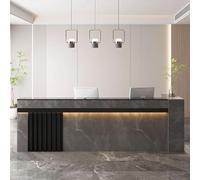 Banco reception con vano portaoggetti e strisce LED, ideale per salone di bellezza, barbiere e ufficio, 1,4 m, grigio testurizzato, finitura nera.