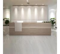 Banco ricevimento, banco cassa commerciale con venature del legno con cassetti chiudibili, illuminazione LED nascosta e logo personalizzabile, tavolo da ricevimento per salone, cliniche dentali