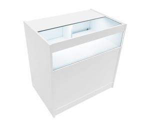 Bancone da Negozio LED Bianco B900 - Vetrina con Ante Scorrevoli Bloccabili, 2 Chiavi, 3 Ripiani (1 Aperto, 2 Chiusi), Illuminazione Bianca, MDF Melaminico e Vetro Temperato - 90x90x60cm