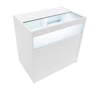 Bancone da Negozio LED Bianco B900 - Vetrina con Ante Scorrevoli Bloccabili, 2 Chiavi, 3 Ripiani (1 Aperto, 2 Chiusi), Illuminazione Bianca, MDF Melaminico e Vetro Temperato - 90x90x60cm