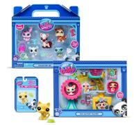 Bandai - Littlest Pet Shop - Confezione esclusiva 2 scatole: Montagna Inverno e Fun Factory (7 statuette e 13 accessori) + 1 statuetta aggiuntiva (gatto giallo), licenza ufficiale - Mini statuetta