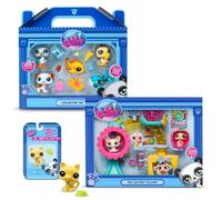 Bandai - Littlest Pet Shop - Confezione esclusiva 2 scatole: spiaggia & Fun Factory (7 statuette e 13 accessori) + 1 statuetta aggiuntiva (piccolo gatto giallo) - licenza ufficiale - mini figurine