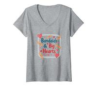 Bandaids & Big Hearts: Regalo di riconoscimento per un'infermiera premurosa Maglietta con Collo a V, Donna, Grigio Melange, XXL