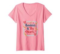 Bandaids & Big Hearts: Regalo di riconoscimento per un'infermiera premurosa Maglietta con Collo a V, Donna, Rosa, M