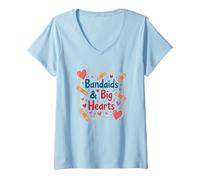 Bandaids & Big Hearts: Regalo di riconoscimento per un'infermiera premurosa Maglietta con Collo a V, Donna, Celeste, S