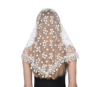 Bandana Donna Sciarpa triangolare con piccoli fiori e nappe, primavera e autunno, traspirante, con bordo in pizzo, velo(White)