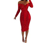 Bandeau Abiti di Raso per Donna Vestito Stretto - Glitter Donna Elegante Spalla A Maniche Lunghe Bodycon Abito Midi Abito con Paillettes Con Cintura, Vestito da Sera, Abito Da Sera, Abito Da Sfera