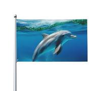 Bandiera 0,9 x 1,5 m, decorazione con 2 occhielli che nuota delfino nel mare blu, decorazioni esterne con stampa HD, striscioni in poliestere 200D resistenti per vacanze e cortile, grandi bandiere per