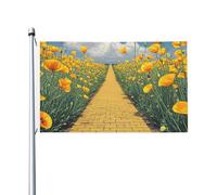 Bandiera 90 x 152 cm Doppia faccia Banner Decorazione Bandiere Esterne Papaveri Campo Giallo Mattoni Strada Bandiera 200D Pesante Giardino Bandiere in Ottone Occhielli in Tela Intestazione Esterno