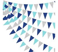 Bandiera a triangolo in carta glitterata, 30 m, per feste a tema nautico, per feste di compleanno del bambino, per feste a tema Ahoy, Achor, pirata (blu e argento)