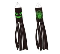 Bandiera a vento luminosa per Halloween, 2 pezzi, nera, con teschio, ragno, faccia malvagia, decorazione da appendere per esterni, fluorescente, per vacanze, giardino, patio, prato, cortile, albero