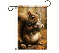 Bandiera all'aperto Thanksgiving Fall Squirrel Holding Mug Striscione