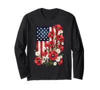 Bandiera Americana Papaveri Rossi e Margherite Bianche Arte Patriottica Maglia a Manica