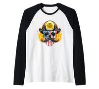Bandiera Americana Pompiere Cranio Baffi Fiamme Maglia con Maniche Raglan