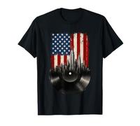 Bandiera Americana Skyline della Città con Disco in Vinile Musica Design Maglietta