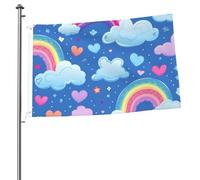 Bandiera arcobaleno con cuori e nuvole, 60 x 90 cm, double-face, in poliestere, con occhielli in metallo, resistente allo sbiadimento, leggera, per cortile, balcone, prato, feste, decorazione esterna
