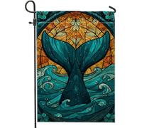 Bandiera artistica da giardino a coda di balena, motivo onde oceaniche color foglia di tè, bandiera decorativa per la casa su entrambi i lati, bandiera da cortile per la decorazione estiva per esterni