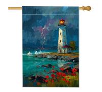 Bandiera artistica da giardino con faro, decorazione costiera blu con fiori di papavero, striscione su entrambi i lati in iuta per esterni per la decorazione estiva della casa, 71 x 101 cm