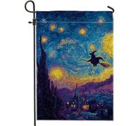 Bandiera artistica da giardino con strega blu, decorazione per cielo notturno di Halloween, striscione in iuta su entrambi i lati per decorazione esterna del prato 30,5 x 45,7 cm