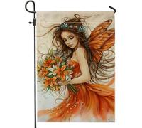 Bandiera artistica da giardino delle fate, decorazione floreale arancione con farfalla per la casa e il giardino, bandiera su entrambi i lati in iuta da cortile decorazione per prato esterno 30,5 x