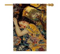 Bandiera artistica da giardino floreale gialla, bella ragazza, scena naturale, striscione decorativo per la casa, bandiera da cortile in iuta su entrambi i lati, per decorazione esterna del prato, 71