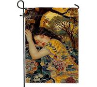 Bandiera artistica da giardino floreale gialla, bella ragazza, scena naturale, striscione decorativo per la casa, bandiera da cortile in iuta su entrambi i lati, per decorazione esterna del prato