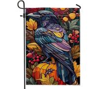 Bandiera autunnale colorata da giardino con uccellini, viola blu corvo zucca decorazione per la casa, bandiera da cortile in iuta su entrambi i lati, decorazione stagionale per esterni, 30,5 x 45,7 cm
