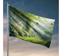 Bandiera autunnale con farfalle che svolazzano tra fiori vivaci in un giardino sereno. Bandiera autunnale da giardino (120 x 180 cm)