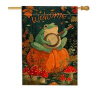 Bandiera autunnale da giardino anfibio, musicista verde che cavalca una zucca arancione, decorazione per la casa, decorazione per la casa su entrambi i lati, cartello di benvenuto carino 71 x 101 cm
