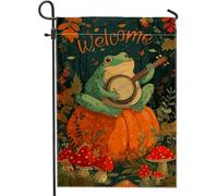 Bandiera autunnale da giardino anfibio, musicista verde che cavalca una zucca arancione, striscione decorativo per la casa, decorazione per prato all'aperto su entrambi i lati, cartello di benvenuto